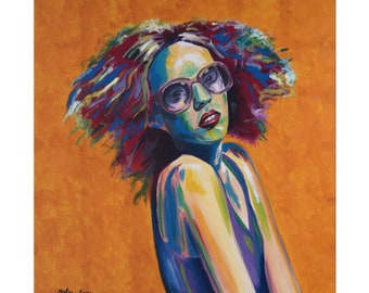 May include: A painting of a woman with colorful hair wearing sunglasses and a colorful dress against a yellow background. The artist's signature, "Molly Grau", is in the bottom left corner.
