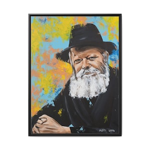 Framed (Multi-color) Lubavitcher Rebbe Canvas Print, Rabbi Menachem Mendel Schneerson Realistic Portrait, Jewish Art, Chabad Painting