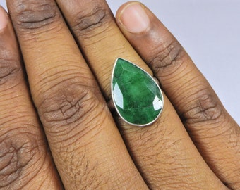 Plum Emerald Ring, raw Emerald ring, natural Emerald ring, 925 Sterling Silver Ring, Emerald and silver, Green Emerald Pear Gemstone ring