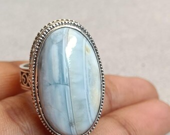 Peruaanse blauwe opaalring, verzilvering blauwe opaalring, opaal vintage ovale stenen ring, blauwe opaal helende steen boho-ring, eenvoudige boho-ring