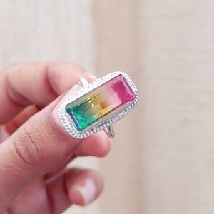 Bague tourmaline pastèque, bague femme, bague quartz tourmaline, bague en argent sterling 925, bague en pierres précieuses bague faite main, cadeau promesse pour elle