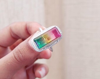 スイカトルマリンリング、女性用リング、トルマリンクォーツリング、925スターリングシルバーリング、宝石リングハンドメイドリング彼女へのプロミスギフト