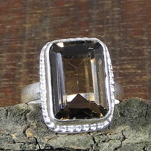 Smoky Quartz Ring, Natural Stone Octagon Ring, Solitaire Ring, Sterling Silver Ring, Birthstone Ring, Smoky Quartz jewelry, Bridesmaids Ring