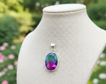 Bio Color Tourmaline Pendant, Oval Tourmaline Quartz 925 Sterling Silver pendant, Dainty Tourmaline Pendant, Tourmaline Boho Pendant, Gift