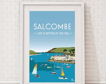 Salcombe, Devon | Vintage/Art Deco style design | birthday/wedding gift | Retro Style Art Print/Travel Poster by artist Jennifer Cooper