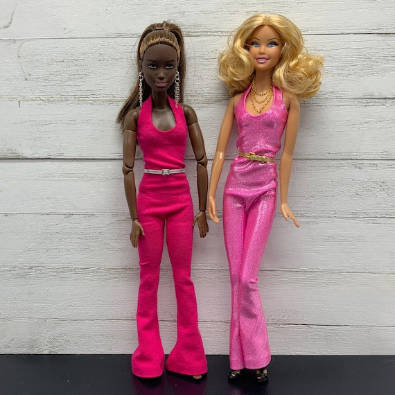 Barbie Clothes: Handmade White Halter Dress, Mattel Denim Jacket Pink Fur  Collar