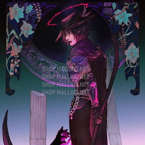 May include: A woman in a black hat and purple cloak stands in a dark, ethereal setting. She holds a large, curved scythe, and her expression is serious. The background features a circular design with floral elements and a pink, glowing liquid.