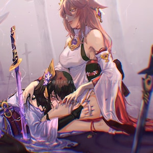 Peut inclure: Deux personnages d'anime, l'un avec des cheveux roses et un kimono blanc et rouge, l'autre avec des cheveux noirs et un kimono blanc, sont assis ensemble. Le personnage aux cheveux roses tient la main de l'autre personnage. Il y a plusieurs épées en arrière-plan.