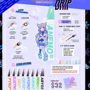 May include: Genshin Impact strap charm set with various attachment options, including a ball chain and closed ring. Features a 19cm rubber wrist strap and a 5-6 inch acrylic charm. Includes a bonus postcard print and meme sticker.