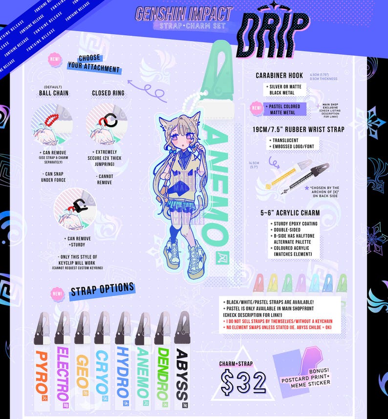May include: Genshin Impact strap charm set with various attachment options, including a ball chain and closed ring. Features a 19cm rubber wrist strap and a 5-6 inch acrylic charm. Includes a bonus postcard print and meme sticker.
