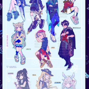 May include: A digital art print featuring various anime-style characters with the word "FONTAINE" at the top. Each character is uniquely styled with different outfits and poses. The image has a blue and purple color scheme.