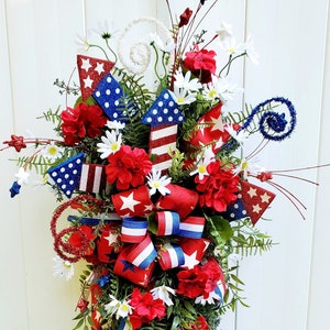 4th of July Swag Wreath, Large Patriotic Wreath with Firecrackers, Fourth of July Summer Wreath for Front Door, Red White and Blue Wreath