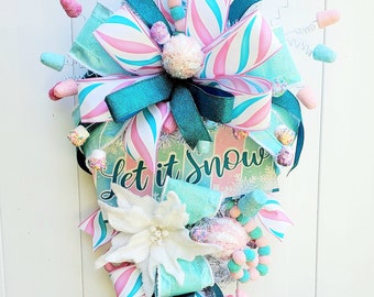 Pastel Christmas Teardrop Swag Wreath for Front Door, Whimsical Candy Swag Wreath, Turquoise Christmas Wreath, Elegant Holiday Swag Wreath