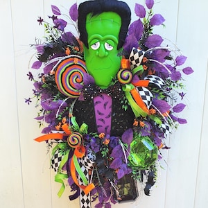 Halloween Wreath, Frankenstein Halloween Swag, Spooky Wreath, Whimsical Monster Swag, Frankenstein Door, Halloween Party Monster Decor