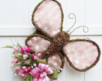 Spring Butterfly Wreath with Tulips, Summer Wreath for Front Door, Large Vine Butterfly Wreath, Spring Porch Décor