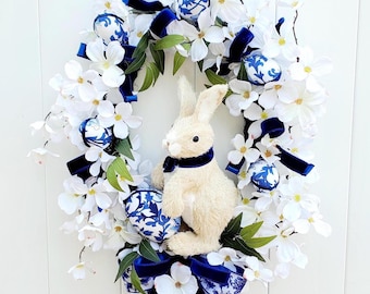 Chinoiserie Easter Bunny Wreath: Blue Toile Dogwood Spring Decor