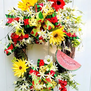 Summer Wreath for Front Door, Summertime Watermelon Wreath, Daisy Wreath, Summer Picnic Decor, Mother&#39;s Day Gift, Gift for Her