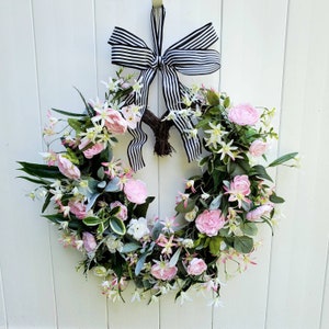 Boho Lambs Ear Wreath: Pink Roses, Eucalyptus, Black & White Bow