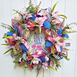 Summer Wreath for Front Door with Flowers, Let Love Grow Swag Wreath, Pink and Blue Wreath, Year Round Wreath, Gift for Her, Mother&#39;s Day