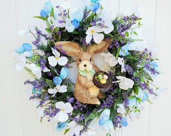 Bunny Easter Wreath: Dogwood, Tulip, and Fern Spring Decor