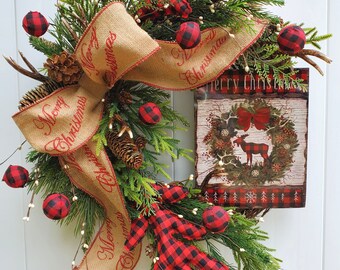 Christmas Wreath with Antlers and Burlap Bow for Front Door, Rustic Burlap and Buffalo Plaid Winter Swag, Merry Christmas Farmhouse Décor