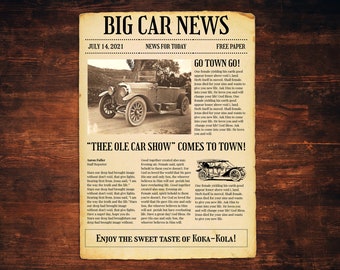 Vintage Car Newspaper Template for Google Docs - 1 Page - 8.5x11 inches