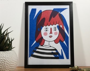Blushed Girl Illustration - A4 RISO print - Risograph