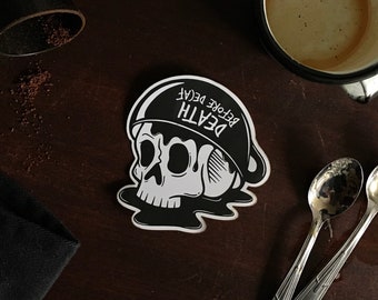 Death before decaf sticker, vinyl sticker, laptop stickers