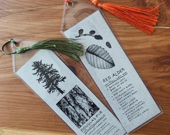 Marcapáginas con diseño de abeto de Douglas y aliso rojo en cartulina reciclada.