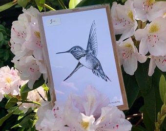 Tarjeta con imagen de un colibrí, especie del noroeste del Pacífico, papel reciclado.