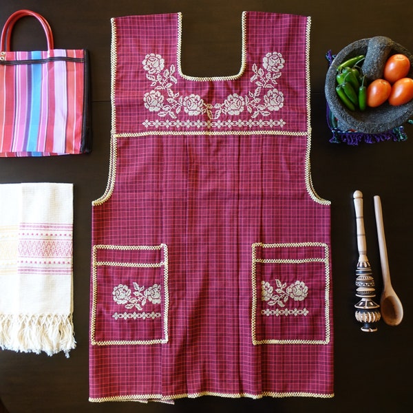 Mandil Mexicano Traditional Mexican Kitchen Apron Cooking Cleaning Smock Delantal - Open Slit Back - Adult - XXL/3XL Size