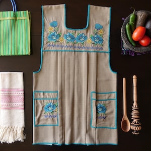Mandil Mexicano Traditional Mexican Kitchen Apron Cooking Cleaning Smock Delantal - Open Slit Back - Adult - Medium Size