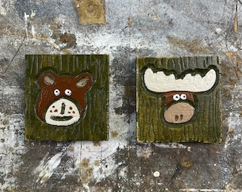 Handmade Carved Wooden Folk Art Magnets - Bear and Moose