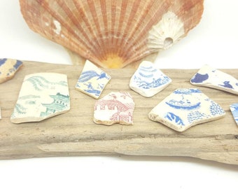 Collection of sea worn willow pattern pottery shards,rare colours,collectors items,sea crafts,craft supplies,vintage pottery.