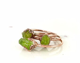 Peridot Raw Stone Ring Raw Crystal Ring Gemstone Ring Bohemian Ring Electroformed Copper Ring Boho Ring Raw Stone Engagement Rough Stone