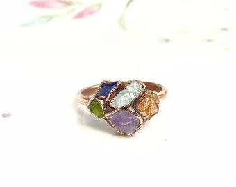 Custom Mothers Ring Birthstone Ring Raw Stone Birthstone Jewelry Cluster Ring Crystal Ring Raw Stone Ring Natural Gemstone Multi Stone Ring