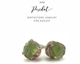 Peridot Raw Stone Stud Earrings Crystal Earrings Rough Gemstone Earrings Bohemian Studs Boho Jewelry Healing Jewelry August Birthstone