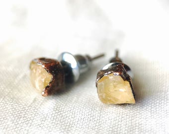 Raw Crystal Earrings | Rough Cut Topaz | Raw Stone Earrings | Yellow Studs| Topaz Jewelry | Topaz Earrings | November Birthstone