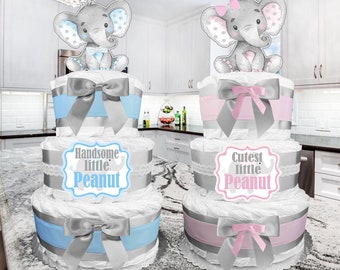 Elephant Diaper Cake is a Baby Shower Gift for a Boy or Girl with a Cutest Little Peanut Theme - Pink or Blue