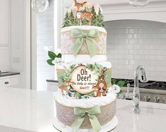 Deer Diaper Cake with a Woodland Creatures theme - "Oh Dear the Baby is almost here!" Gender Neutral - Burlap and Green