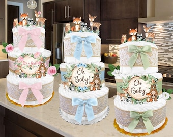 Baby Shower Gift - Woodland Creatures - Diaper Cake for a Boy or Girl - Gender Neutral - Reveal - PERSONALIZE - Decoration - Green or Pink