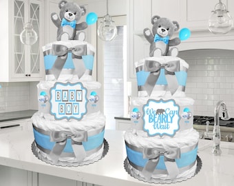 Teddy Bear Diaper Cake with Balloons is a Baby Shower Gift for a Boy - Newborn Gift - Blue and Gray