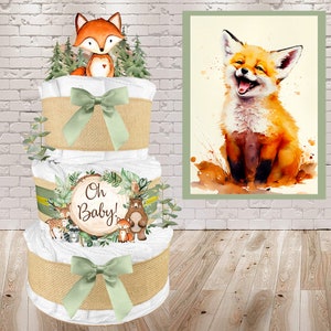 Baby Shower Gift for a Boy or Girl is a Woodland Creatures Diaper Cake Fox Cake Topper Burlap and Sage Green image 1