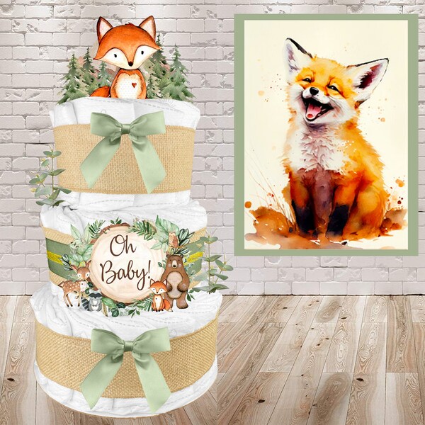 Baby Shower Gift for a Boy or Girl is a Woodland Creatures Diaper Cake - Fox Cake Topper - Burlap and Sage Green