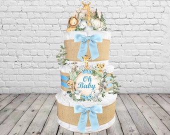 Safari Diaper Cake is a Baby Shower Gift for a Boy - Burlap and Light Blue Ribbon