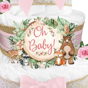 Baby Shower Gift for a Boy or Girl is a Woodland Creatures Diaper Cake Fox Cake Topper Burlap and Sage Green image 6