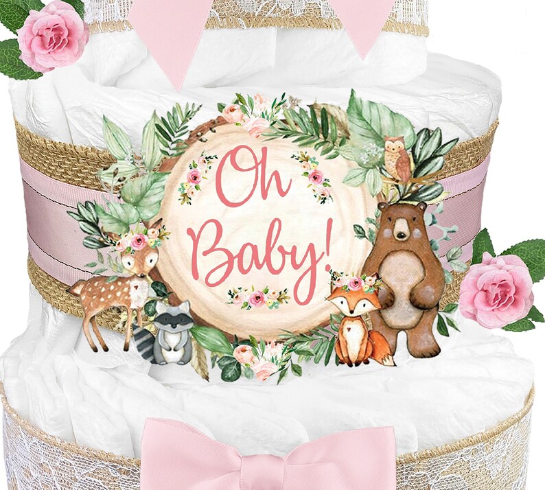 Baby Shower Gift for a Boy or Girl is a Woodland Creatures Diaper Cake Fox Cake Topper Burlap and Sage Green image 6