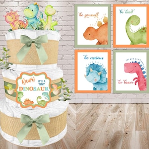Dinosaur Diaper Cake, Gender Neutral Baby Shower Gift for a Boy or Girl, Orange and Sage Green