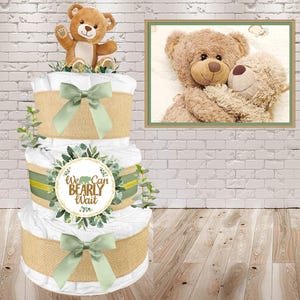Teddy Bear Diaper Cake, Gender Neutral Baby Shower Gift for a Boy or Girl, We Can Bearly Wait, Eucalyptus and Sage Green