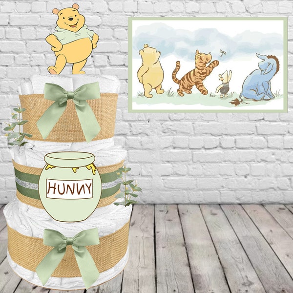 Winnie the Pooh Diaper Cake for a Gender Neutral Baby Shower Gift - Sage Green